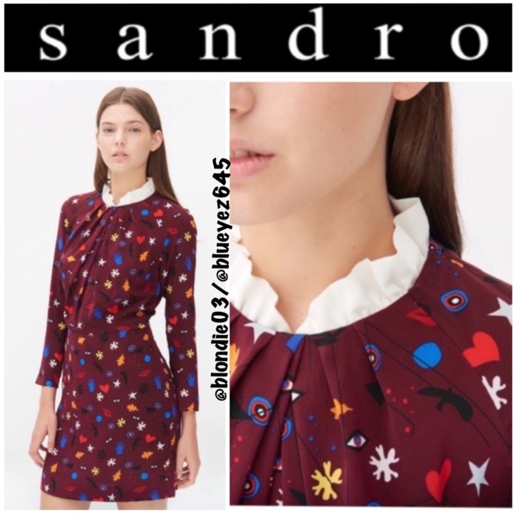 Sandro “Roxana” printed ruffle collar mini dress 1/S